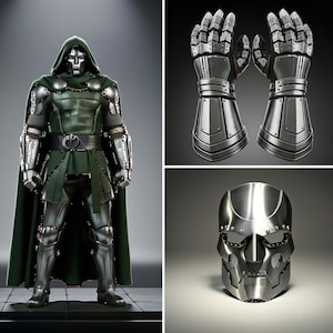 May include: A full-body image of a metallic green and silver costume with a hooded cape. The costume includes a mask, gloves, and boots. Separate images show the gloves and mask. The costume has a futuristic, armored appearance.