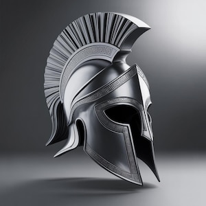 K&ouml;nnte beinhalten: Ein silberfarbener spartanischer Helm mit dekorativem Kamm und aufwendigen geometrischen Mustern. Der Helm hat einen markanten Stirnschutz und Wangenteile und zeigt ein klassisches Design.