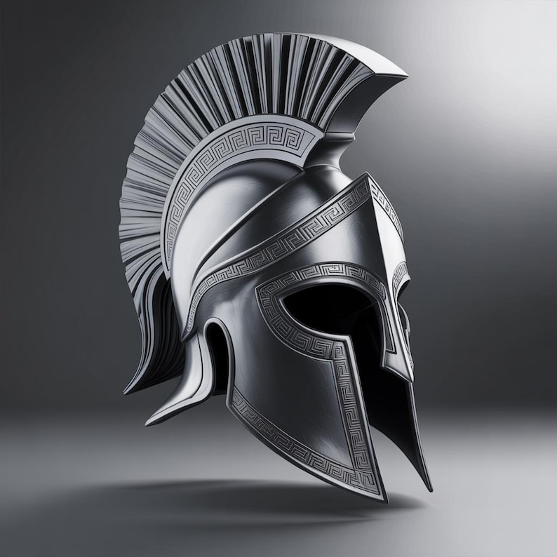 K&ouml;nnte beinhalten: Ein silberfarbener spartanischer Helm mit dekorativem Kamm und aufwendigen geometrischen Mustern. Der Helm hat einen markanten Stirnschutz und Wangenteile und zeigt ein klassisches Design.