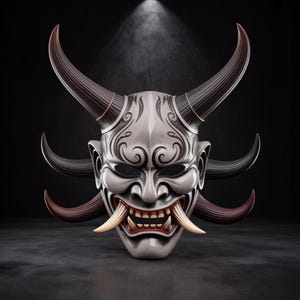 Oni Demon Mask STL-fil, Samurai Devil 3D-utskriftsmodell (digital nedladdning)