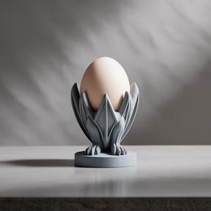 Puede incluir: Un portahuevos gris decorativo con un diseño único. El soporte presenta una estructura estilizada en forma de ala que sostiene un huevo de color claro. La base del soporte tiene patas en forma de garra. El portahuevos está hecho de un material sólido y se asienta sobre una superficie clara.