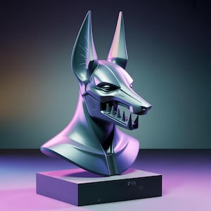 Puede incluir: Una escultura metálica plateada de una figura con cabeza de chacal, posiblemente Anubis, con rasgos afilados y un diseño estilizado. La escultura se asienta sobre una base rectangular gris oscuro, con un fondo degradado púrpura y azul.