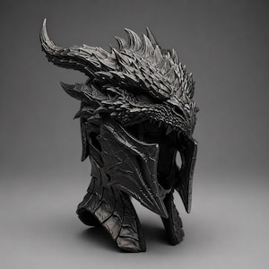May include: A detailed, black dragon helmet with horns, spikes, and intricate scale-like textures. The helmet features an open mouth with visible teeth and a neck guard. The design is reminiscent of fantasy or medieval themes.