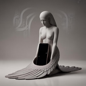 Puede incluir: Una escultura gris de una mujer arrodillada con alas extendidas, sosteniendo un teléfono inteligente negro. La escultura tiene una estética clásica, con texturas detalladas de plumas y cabello. El fondo es gris suave con patrones estilizados.