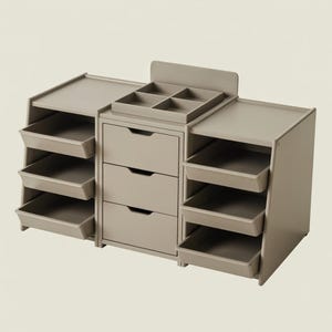 Könnte beinhalten: Ein modulares Aufbewahrungsmöbel in neutralem Taupe. Es verfügt über drei Schubladen, offene Regale und ein oberes Tablett mit Fächern. Das Möbelstück ist für die Organisation von Gegenständen konzipiert und hat eine moderne Ästhetik.