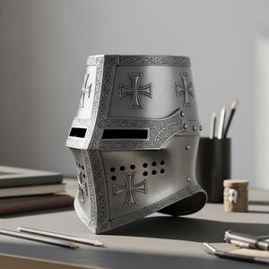 May include: A silver knight's helmet featuring cross motifs and ornate detailing. The helmet is displayed on a desk with stationery. The design is reminiscent of historical armour, with a visor and decorative elements.