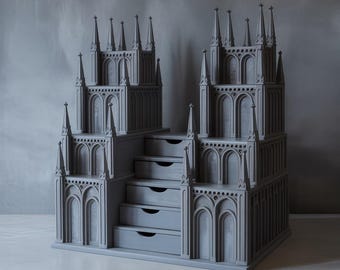 Gothic Cathedral Desk Organizer, 3D Printable, STL & OBJ Files, Multi Drawer Box, Digital Download, Fantasy Office Decor