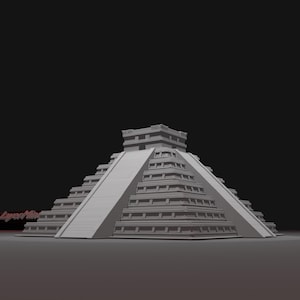 Könnte beinhalten: Eine graue Stufenpyramide mit einer zentralen Treppe. Die Pyramide hat mehrere Ebenen und eine flache Oberseite mit zusätzlichen Strukturen. Das Bild ist vor einem dunklen Hintergrund platziert, der die architektonischen Details hervorhebt.