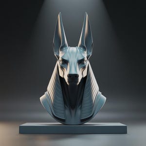 May include: A gray sculpture of Anubis, the Egyptian god of the afterlife, with a jackal head and tall ears. The bust is on a gray rectangular pedestal, set against a dark background with a spotlight.