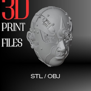 Cyberpunk Robot Head STL File for 3D Printing – Futuristic Mech Face Bust – Digital Download OBJ Model – Sci-Fi Decor Prop