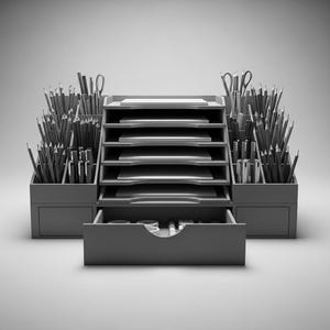 May include: A gray desk organizer with multiple compartments. It features sections for pencils, pens, scissors, and paper. There are two drawers for additional storage. The organizer is designed to keep a desk tidy and organized.