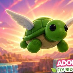 Puede incluir: Una tortuga verde de dibujos animados con alas blancas, flotando en un cielo de atardecer. La tortuga tiene grandes ojos negros y una parte inferior de color marrón claro. El texto "ADOPT ME! FLY RIDE TURTLE" está presente.