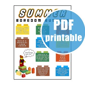 May include: A printable PDF activity sheet titled SUMMER BOREDOM BUSTERS featuring a list of building challenges. The page includes colorful brick-shaped text boxes, a small minifigure standing on a stack of bricks, and a speech bubble saying I challenge you to.