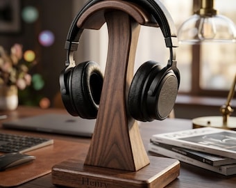 Personalized Walnut Headphone Stand | Custom Desk Organizer, Rosewood Headset Holder