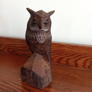 Vintage Dark Ironwood Owl Sculpture with Detailed Carving, 10&quot; Tall