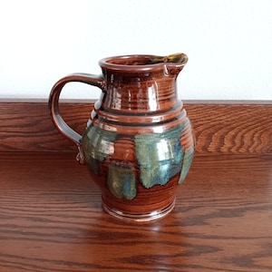 Studio Pottery Pitcher with Brown Glaze with Blue and Yellow Accents - Artist Signed