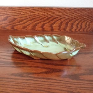 Vintage FRANKOMA Pottery Leaf Shaped Dish Brown & Green
