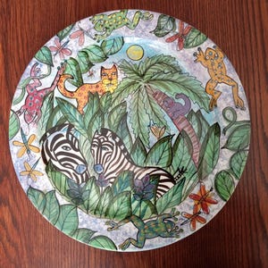 Vintage Large Hand Painted Clay Pottery Plate signed by Artist - Jungle Scene
