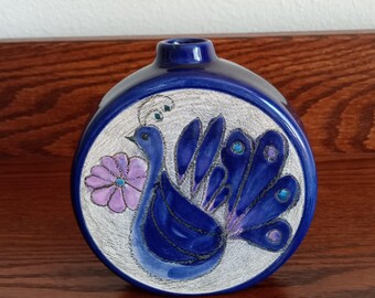 Vintage Eduardo Vega Signed Ecuador Pottery Peacock Vase. Hand