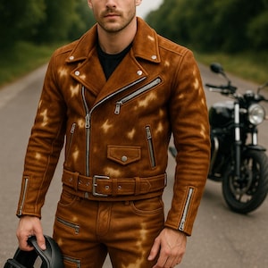 Handmade Men’s Cowhide Fur Leather Biker Jacket & Pants Set – Vintage Style Motorcycle Outfit, perfect gift for him