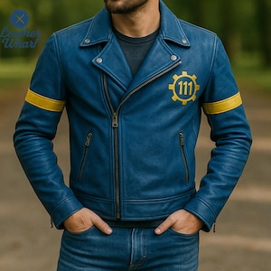 May include: A blue leather motorcycle jacket featuring a yellow gear emblem with the number 111 on the chest and yellow horizontal stripes on each sleeve. The jacket has a diagonal front zipper, a notched collar with metal snaps, and two zippered pockets.