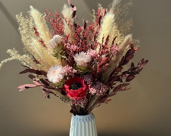 Dried Flower Bouquet, Red Neutral Arrangement, Preserved Floral Decor (Vase Option)