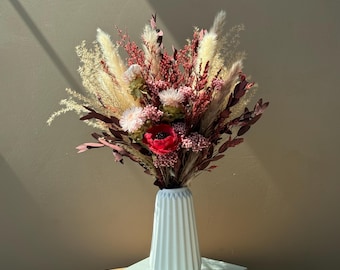 Small Dried Flower Bouquet, Red Preserved Arrangement, Rustic Home Decor (Vase Option)