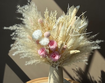 Dried Pampas Flower Bouquet with Preserved Roses, Neutral Beige Boho Arrangement