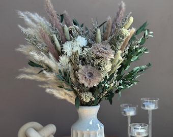 Dried Flower Bouquet – Haze, Asymmetrical One-Sided Arrangement | Beige & Green Home Decor | Elegant Gift Idea | Mother’s Day Flowers
