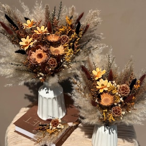 Dried Flower Wedding Set: Boho Bridal Bouquet, Bridesmaid Bouquet & Boutonniere