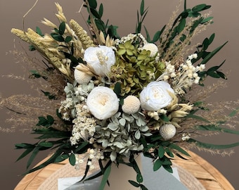 Elegant Neutral Dried Flower Arrangement with Vase Option | Beige Green Floral Decor for Home