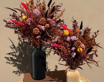 Dried Flower Bouquet, Pink Burgundy Arrangement, Rustic Floral Home Decor (3D Printed Vase Option)