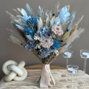 Elegant Dried Flower Bouquet in Dusty Blue and Beige - Preserved Floral Arrangement for Mom