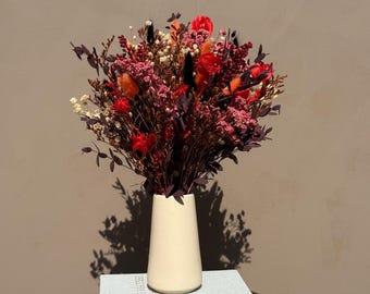 Red Burgundy Dried Flower Centerpiece, Long Lasting Floral Arrangement (Vase Option)
