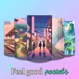 5 fondos de pantalla minimalistas inspirados en el anime, estética pastel relajante, arte digital sereno.