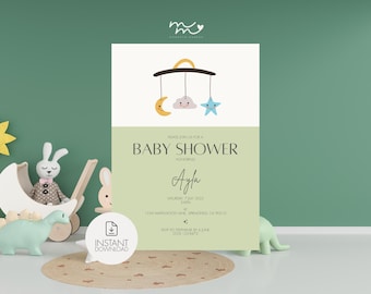 Faire-part de baby shower petite étoile : sauge douce, mobile céleste (modèle de toile modifiable)