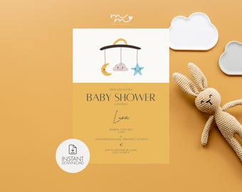 Modèle d'invitation pour baby shower « Petite rêveuse (jaune) » : modèle d'invitation modifiable | Formats mobile et imprimable