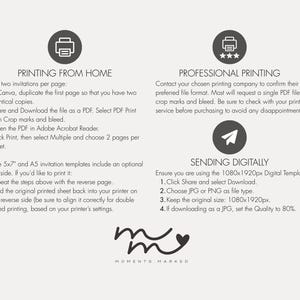 Peut inclure: Un guide imprimable pour imprimer des invitations &agrave; la maison ou avec un service d'impression professionnel. Le guide comprend des instructions pour imprimer deux invitations par page, envoyer num&eacute;riquement et utiliser des marques de rognage et de saignement.