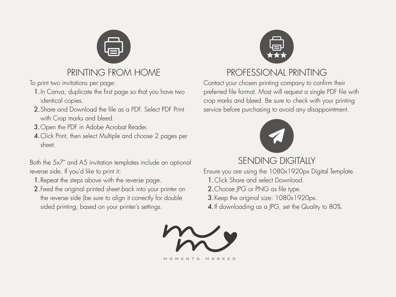 Peut inclure: Un guide imprimable pour imprimer des invitations &agrave; la maison ou avec un service d'impression professionnel. Le guide comprend des instructions pour imprimer deux invitations par page, envoyer num&eacute;riquement et utiliser des marques de rognage et de saignement.