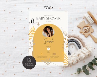 Modèle d'invitation de baby shower bohème : toile d'invitation modifiable (mobile et imprimable)