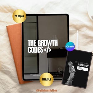 Peut inclure: Un guide de marketing numérique intitulé "The Growth Codes" sur une tablette, avec un livre d'accompagnement et un stylet. Le guide comprend le texte "A Beginner's Guide to Theme Page" et "MRR/PLR". Un autocollant doré indique "20 pages".