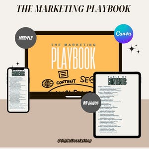 May include: A digital marketing playbook displayed on a tablet, phone, and computer screen. The title "The Marketing Playbook" is visible, along with the word "Content" and "SEO". The tablet shows a table of contents. The image also includes the text "59 pages".