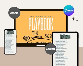 May include: A digital marketing playbook displayed on a tablet, phone, and computer screen. The title "The Marketing Playbook" is visible, along with the word "Content" and "SEO". The tablet shows a table of contents. The image also includes the text "59 pages".