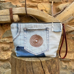 Upcycled Denim Patchwork Clutch, Hand-Embroidered, Leather Handle, Unique Piece