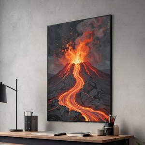 May include: A framed canvas print depicts a fiery volcano erupting. The artwork showcases a dark gray mountain with vibrant orange and red lava flowing down its sides. The print is displayed on a gray wall above a wooden desk.