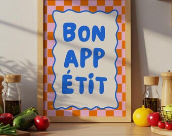 Bon Appetit Wall Art, Colorful Kitchen Print, French Kitchen Decor, Retro Foodie Wall Art, Dining Room Printable, Breakfast Nook Digital Art