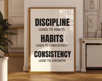 Discipline Leads to Growth Printable Wall Art, Motivational Quote Print, Gym Office Decor, Self Discipline Poster, Success Mindset Digital