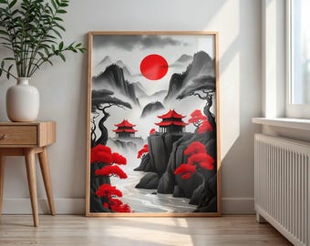 Japanese Red Moon Print: Minimalist Mountain Art (Digital Download)