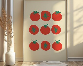 May include: A digital illustration of nine red tomatoes with green stems and leaves on a cream background. The tomatoes are arranged in three rows of three.