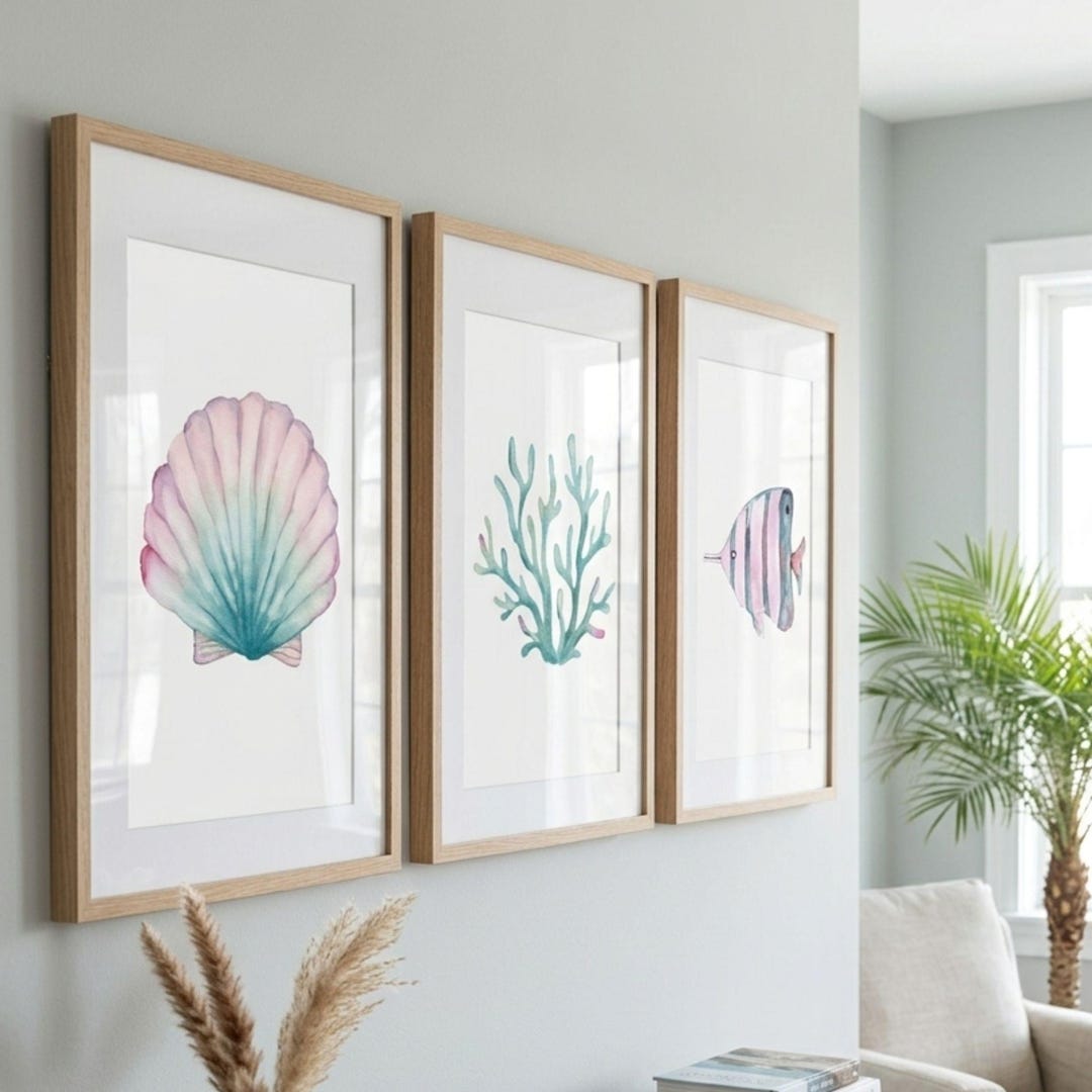 Coastal Wall Art Set of 3 Printable, Beach Decor Prints, Seashell Coral ...